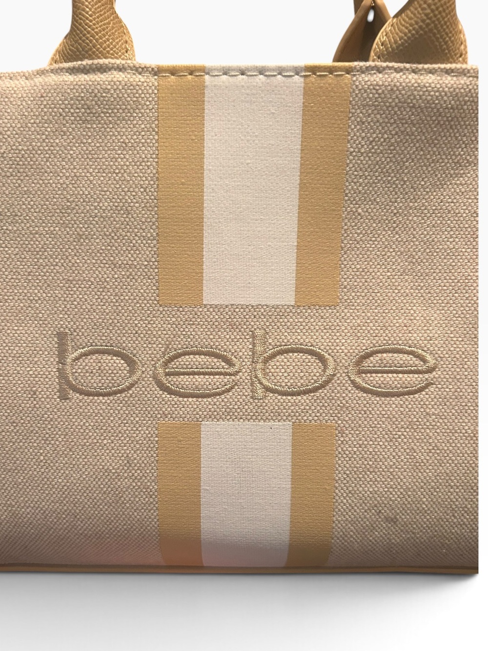 bebe Beige Canvas Stripe Satchel with Tan & White Accents - Picture 8 of 12